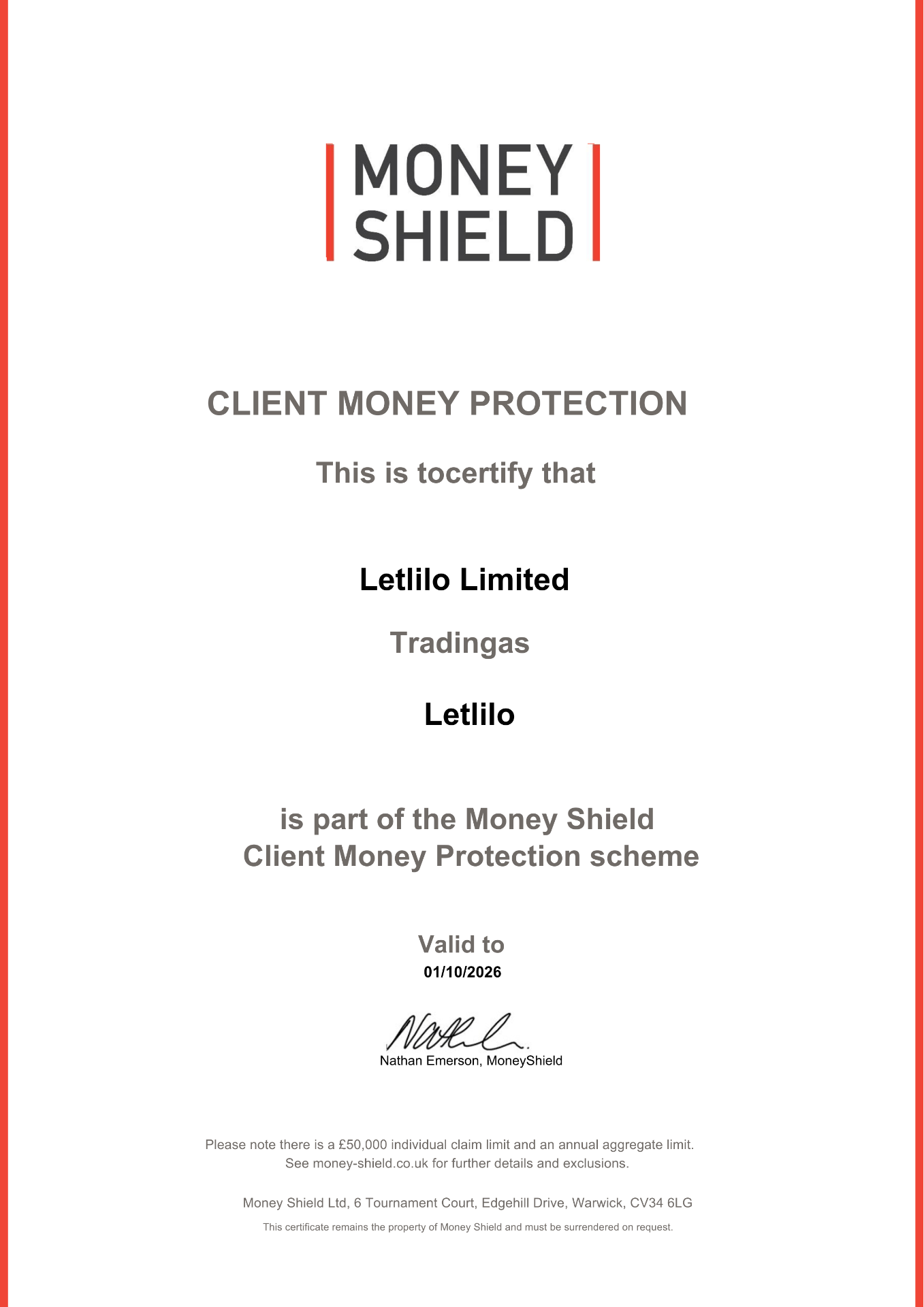 Letlilo Limited Money Shield Main Certificate - Valid to 01/10/2026