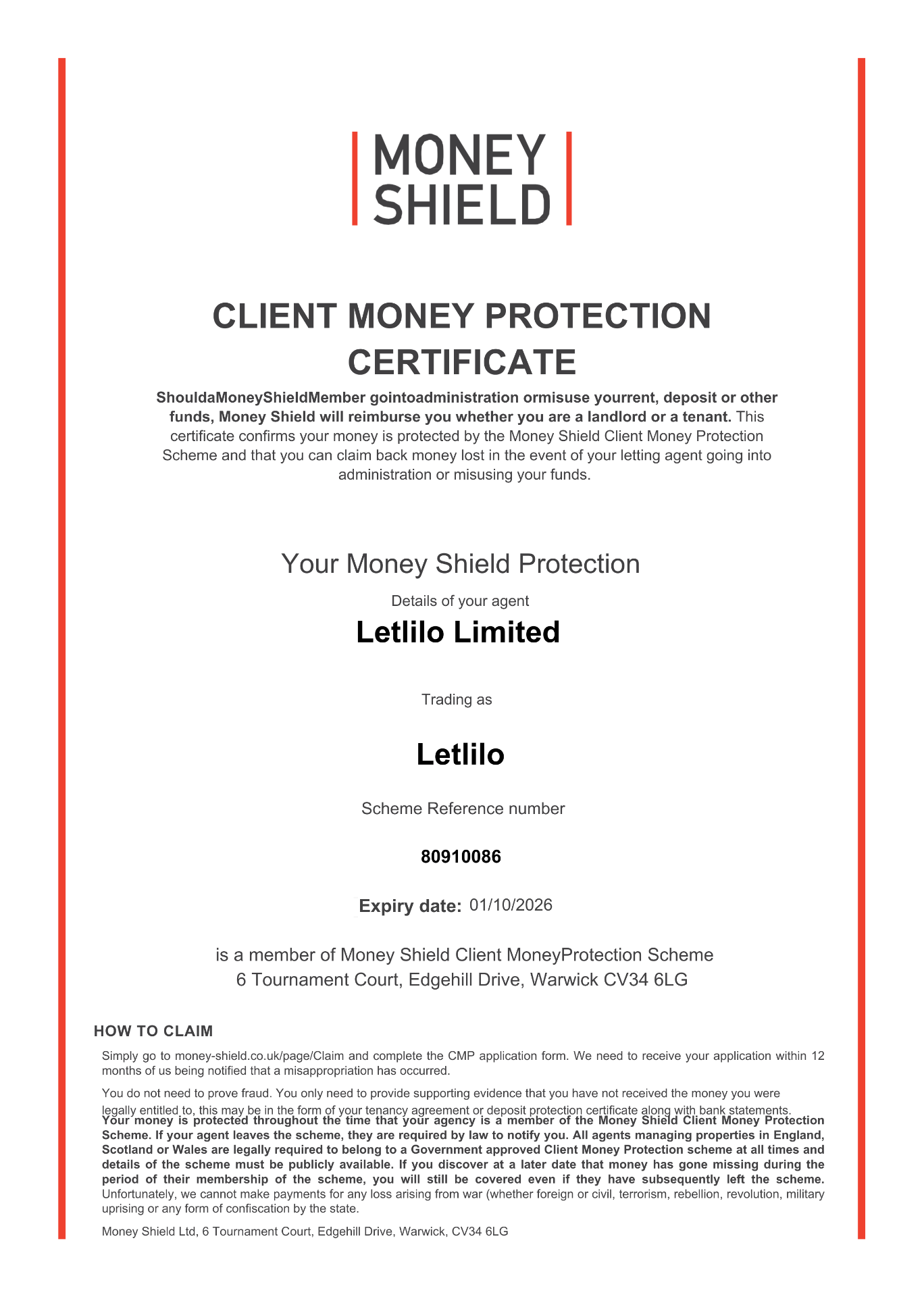 Letlilo Limited Money Shield Security Certificate - Scheme Reference 80910086